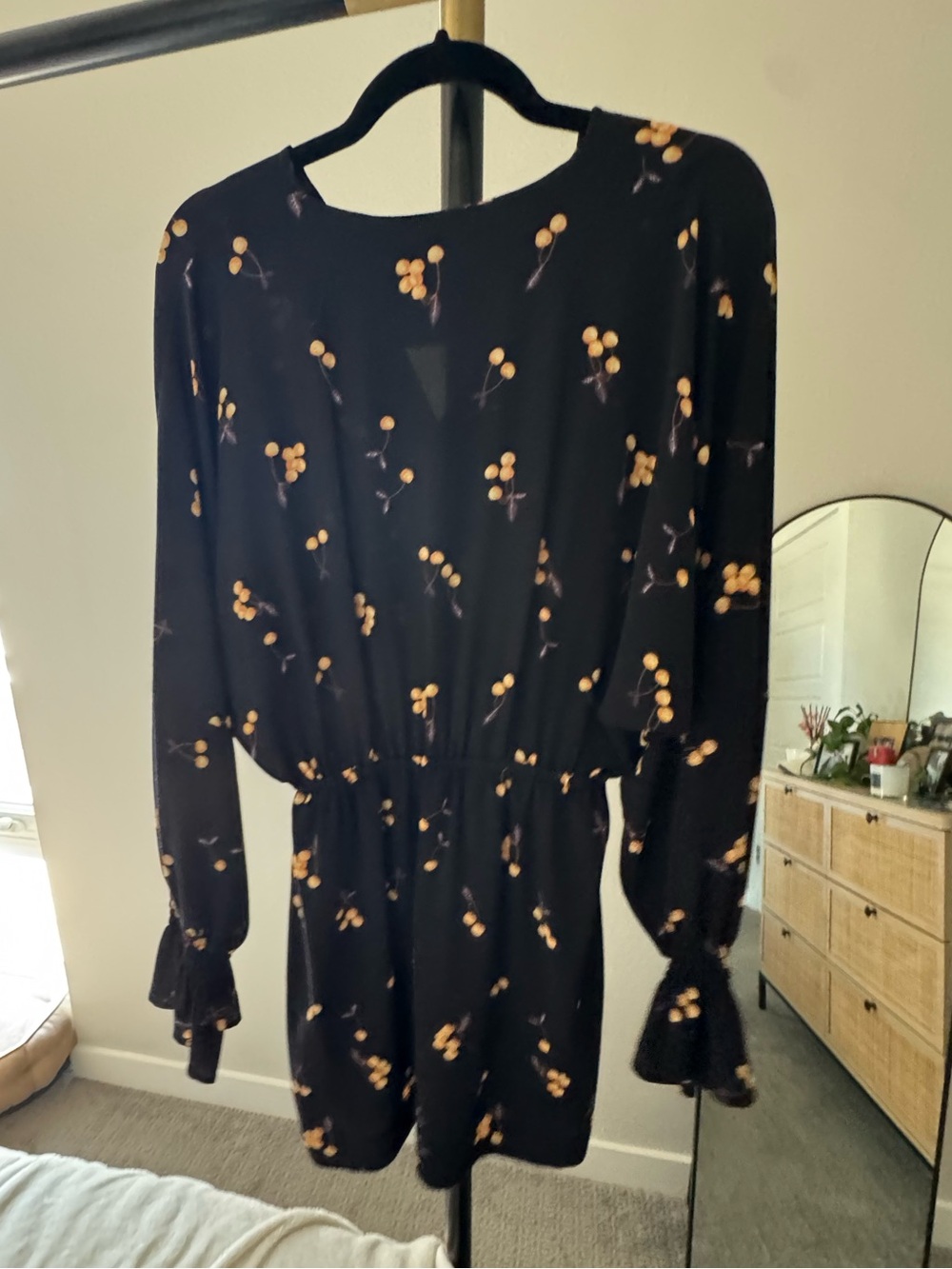 Black Long-Sleeve Floral Tie-Waist Mini Dress